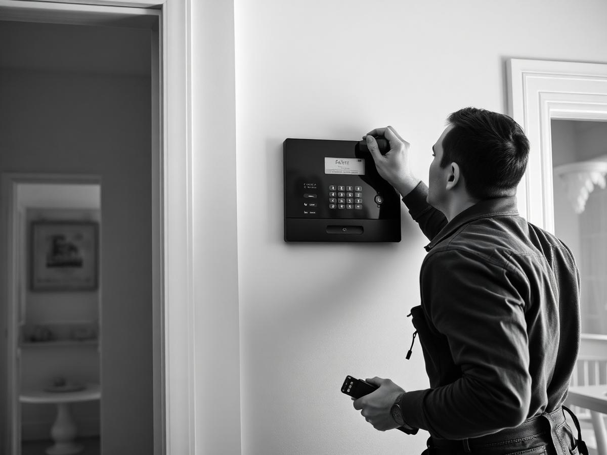 Techniker installiert eine Alarmanlage in einem Wohnhaus