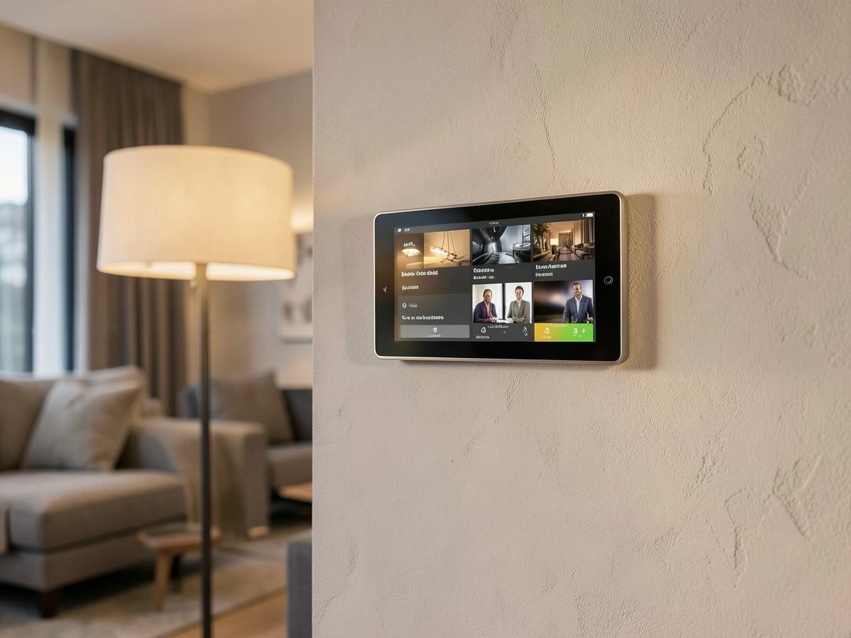 Smart-Home-Wandpanel mit Lichtszenen im Wohnraum